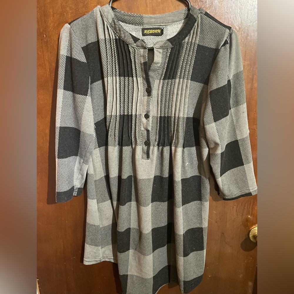 Grey black plaid tunic ruche top button up
